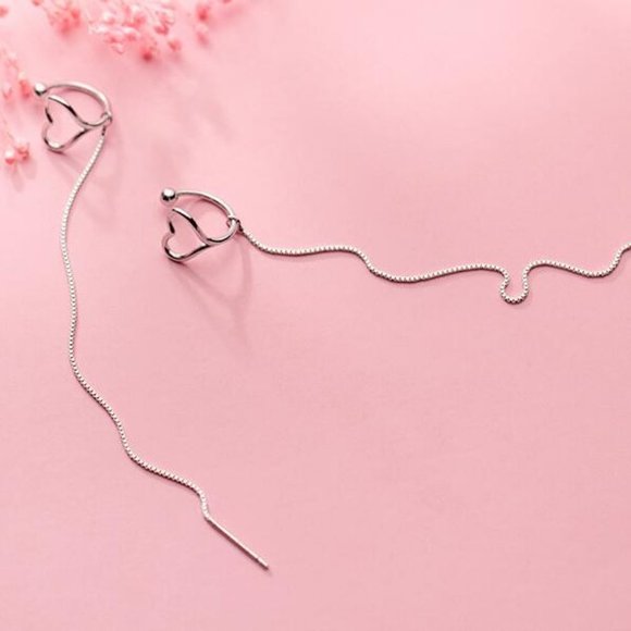 *NEW 925 Sterling Silver Heart Cuff Chain Earrings - Picture 2 of 10